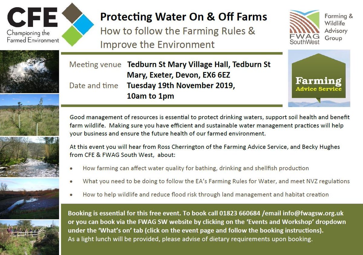 DevonFarms's tweet image. Championing the Farmed Environment are running a free event on:
Protecting Water On &amp;amp; Off Farms and How to follow the Farming Rules &amp;amp; Improve the Environment. 
Tedburn St Mary Vilage Hall. 19 Nov 2019 from 10am to 1pm. 
Light lunch provided. 
Email: info@fwagsw.org.uk
#farminguk