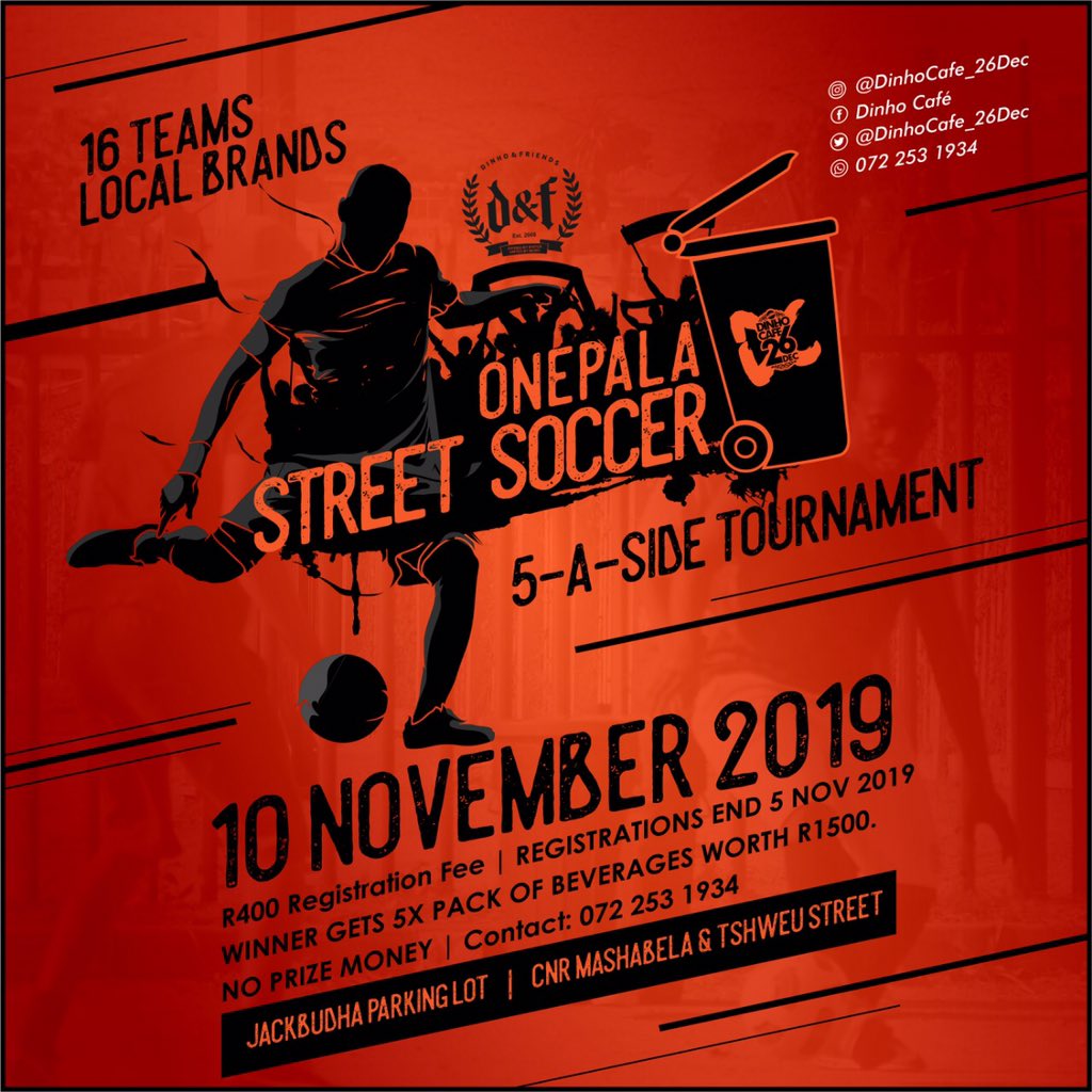 Paballo_Budha's tweet image. “5 - 5 Mas’dlalisane “ 
To favor the masses for our 1Pala Manifesto, we have decided to change the date to November 10th...
Register You and Your team for the One Pala Manifesto Soccer Tournament if you know you have what it takes  

#RoadToDinhoCafé
#DinhoCafé26Dec
#ColorFest