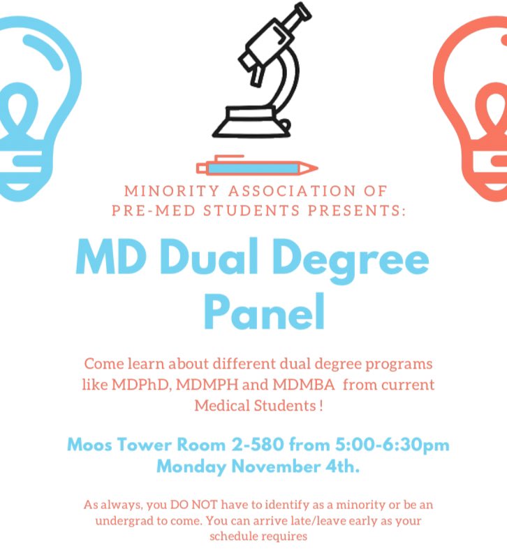 UmnMaps's tweet image. Join us at our dual degree panel! Learn about different dual degree programs and meet current medical students in those programs! 

As always you have a chance to mingle with other pre-meds and enjoy some great food! 

Come with questions!