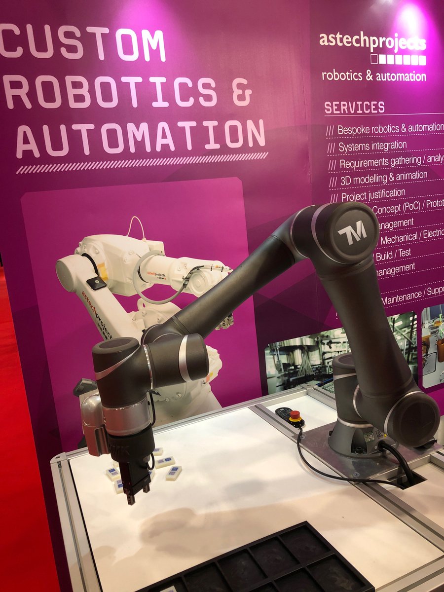 AstechProjects's tweet image. Showing what we can do with the latest in #robotic arm technology at @roboticsautoex this week. Big thanks to @HMKAND for providing the @techmanrobot we have on stand 414
