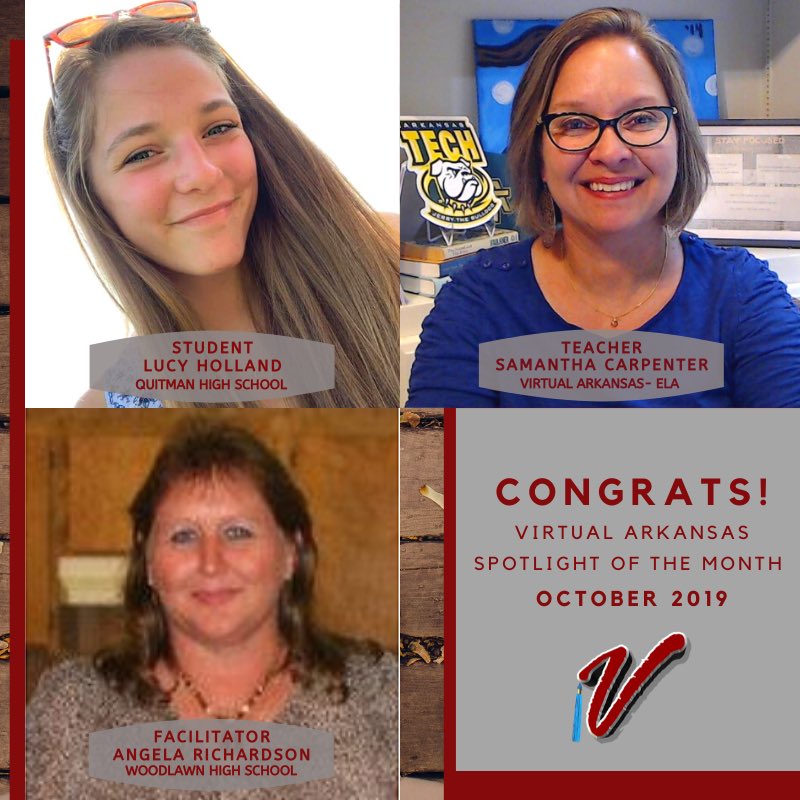 VirtualArkansas's tweet photo. Please join us in Congratulating our October Teacher, Facilitator, &amp; Student of the Month! These wonderful honorees are outstanding examples of what makes VA Great! You can read more about them in our VA Connection Blog! https://t.co/hUjipECVy3 #WeAREVirtualArkansas #VA4AllAR https://t.co/y0DxVrJlWt