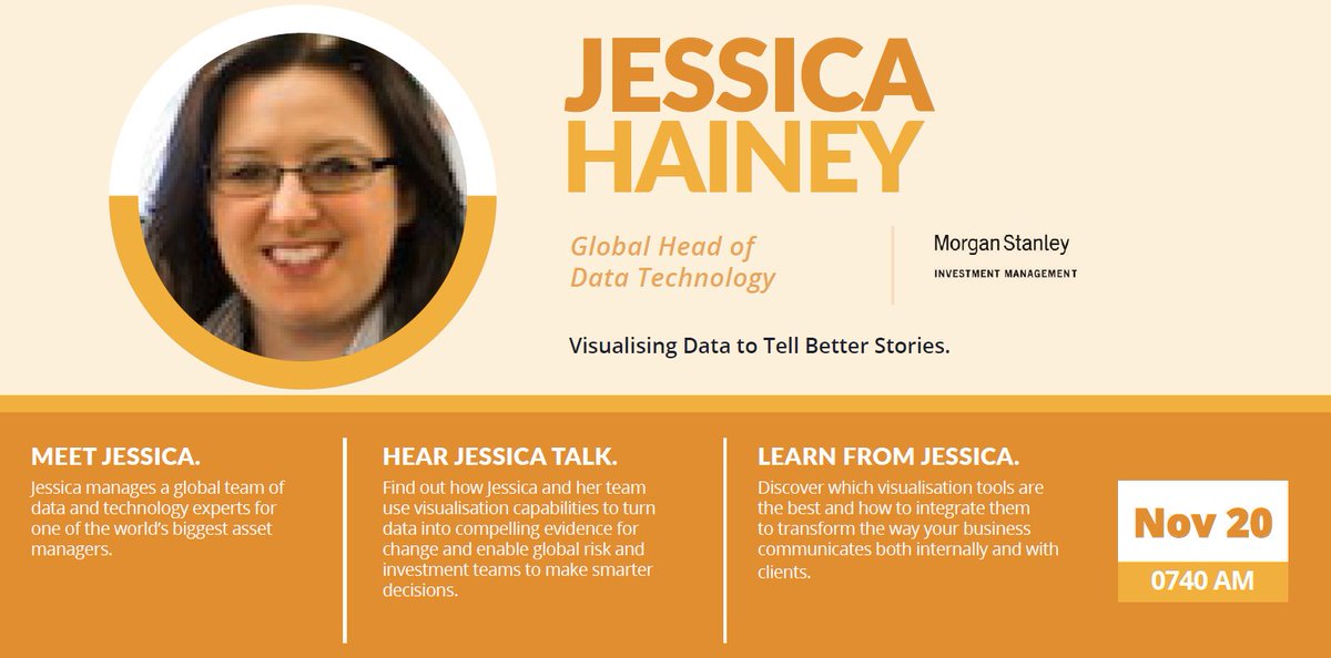 Joining us at #FIMA is Jessica Hainey from <a href="/MorganStanley/">Morgan Stanley</a> to discuss how you can improve on visualising your data to tell better stories. Discover more sessions here: bit.ly/2KXjK4W