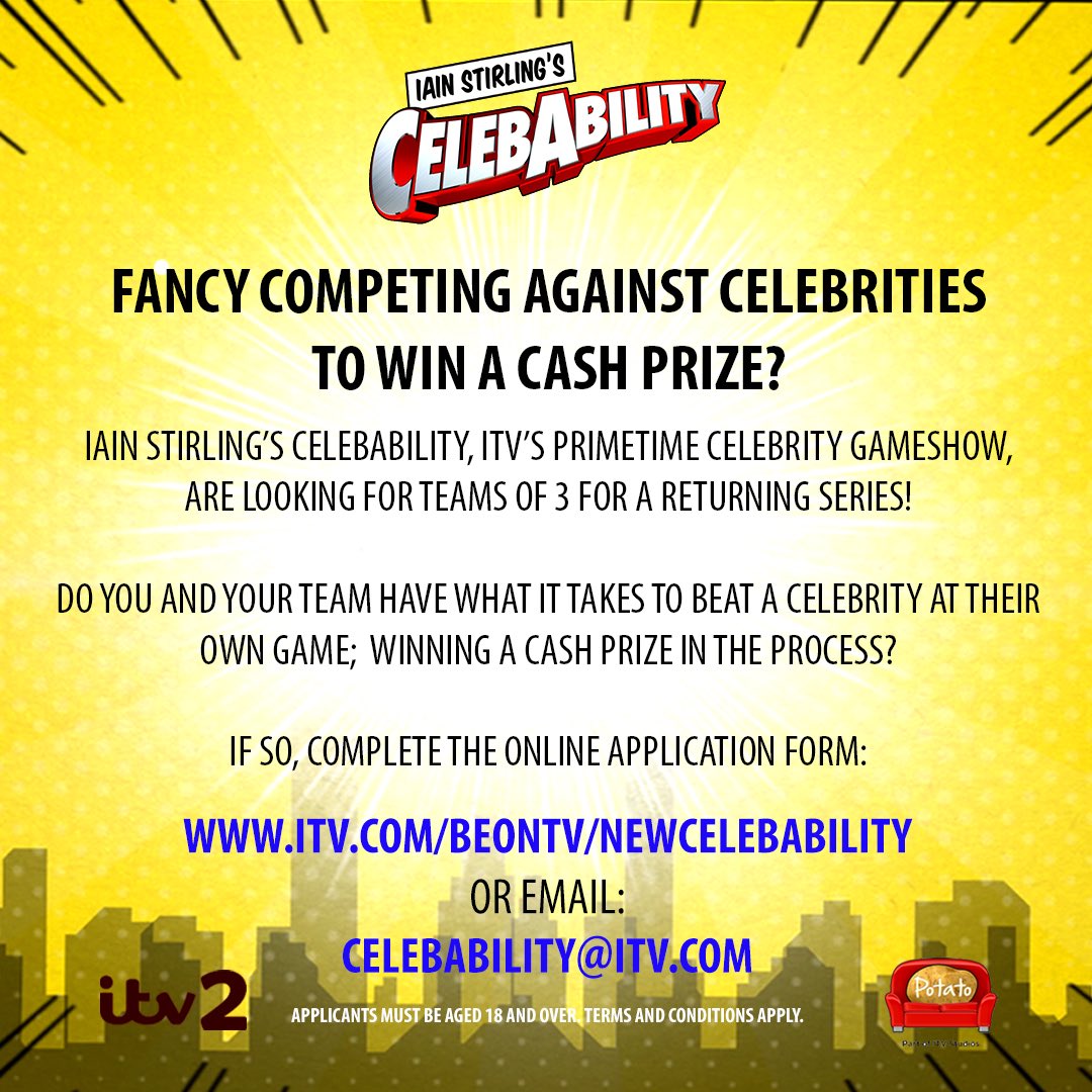 Teams of 3 Wanted for a returning series of CelebAbility. Pls RT <a href="/TVcontestants/">TV Contestants</a> <a href="/putmeonyourtv/">PutMeOnYourTV</a> <a href="/GameShowCentral/">Game Show Central</a> <a href="/tvcastingsuk/">TV Castings UK</a> <a href="/OfficialCastMe/">Cast Me</a> <a href="/nowcasting1/">Now Casting</a> <a href="/castingtalent_/">Casting Talent</a> <a href="/Talent_Talks/">Talent Talks Ltd</a> @casting_contact <a href="/CNI_UK/">Casting Networks UK</a> @maketvwithus @hammondcox <a href="/CastWeb/">CastWeb Casting</a> @AndCasting <a href="/UKOnTV/">OnTV</a> <a href="/PaulTVPeople/">TV Casting UK</a>