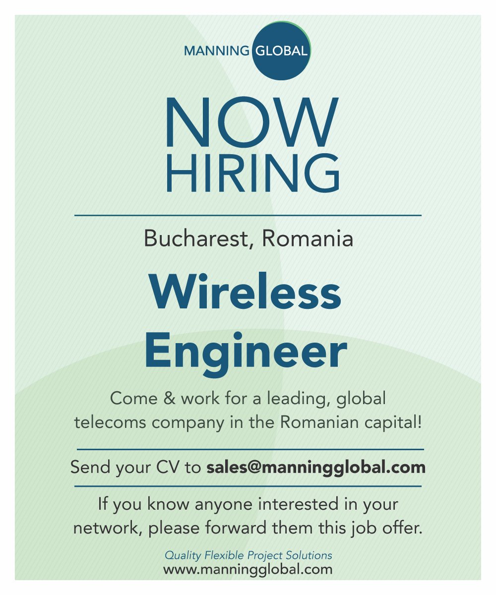ManningGlobal's tweet photo. New role in #Romania! 🇹🇩 🇹🇩 🇹🇩 Our client, a leading global #Telecoms company, are recruiting for a #WIRELESS #ENGINEER! Send your CV to sales@manningglobal.com
#NewJob #GSM #BSS #WCDMA #RAN #LTE #eRAN #NetworkDesign #Troubleshooting #IP #OSS #Telecommunications #Network https://t.co/BHSHHMR4E3