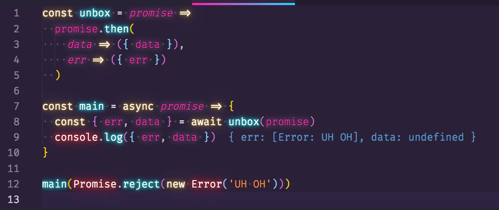 joelnet's tweet photo. 💡TIP: Unbox a Promise into it's err and data values using `await unbox(promise)`

This avoids the need for a try/catch when the Promise is rejected.

#javascript #nodejs #es6 #code #dev #development https://t.co/7A9VRRAFeK