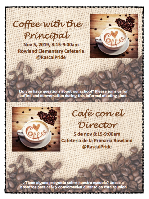 Join us for Coffee with the Principal on Nov 5 at 8:15am in the Rowland Elementary cafeteria. Meet the principal and ask questions about our school. 
<a href="/RowlandSchools/">Rowland Schools</a> <a href="/SpecProjRUSD/">SpecialProjRUSD</a> #WeAreRUSD