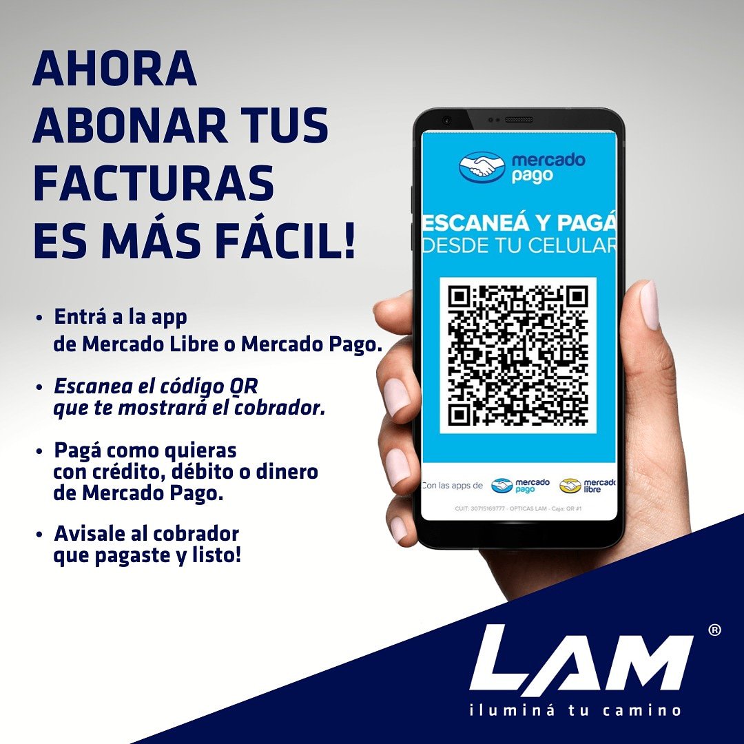opticaslam's tweet photo. ¡NOVEDAD! Sumamos a Mercado Pago como medio de pago para nuestros clientes. Un beneficio más que facilita la organización y optimización de las cobranzas. #FilosofíaLam #mercadopago https://t.co/MYWoq0twub