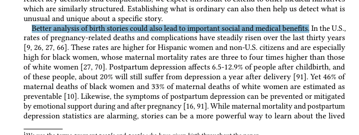 mellymeldubs's tweet photo. This is such a beautiful paper about birth stories by @maria_antoniak, @dmimno, & @karen_ec_levy.
1) Super cool topic modeling (Sleep & pain topics go wayโฌ๏ธโฌ๏ธmid-story!)
2) Responsible data collection
3) Social justice oriented computational work
https://t.co/dl9itpVAKU https://t.co/WFUEgqp2Q6