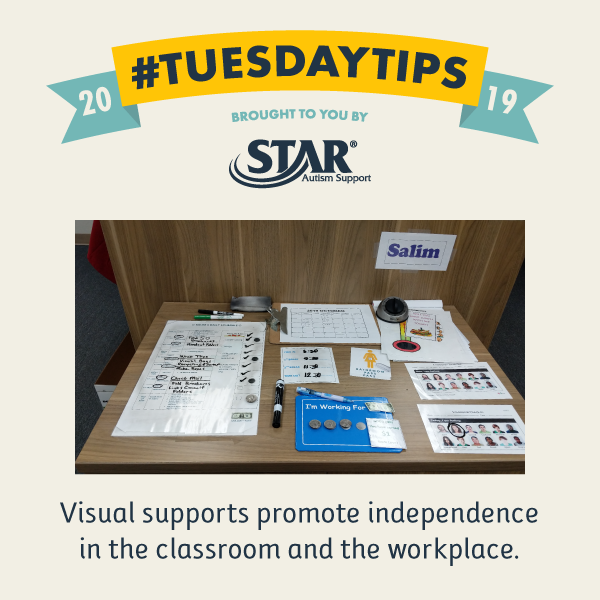 #TuesdayTip inspired by Salim, our employee who is nonverbal &amp; has autism. The check-in table w/ visual schedule, timer, &amp; token board help Salim navigate her workday. This is an example of adapting supports &amp; routines for students transitioning from school to work environments.