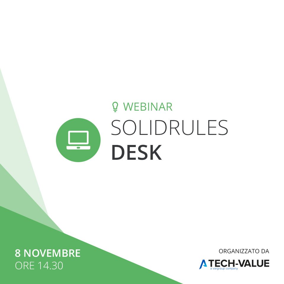 solidrulesit's tweet photo. L'8 novembre ore 14:30 il nostro partner #TECHVALUE organizza un #webinar su #SolidRules® Desk, il company system. Scopri di più al link qui sotto!
📆 Iscrizione: https://t.co/M3GNXgvo4b https://t.co/PiXGj7yxYw