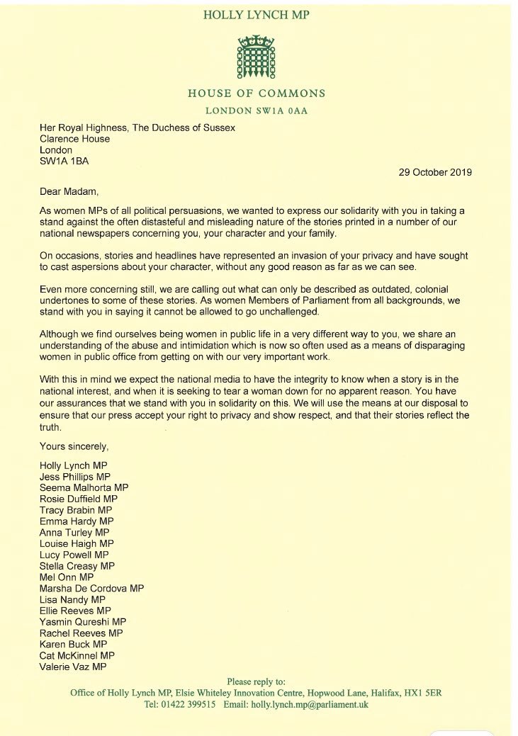 chrisshipitv's tweet photo. NEW: Female MPs from across the House of Commons write to the Duchess of Sussex to express their ‘solidarity’ with Meghan for ‘taking a stand against the often distasteful and misleading nature’ of some newspaper stories about her.
Organised by @HollyLynch5 https://t.co/G35QyBXiG0
