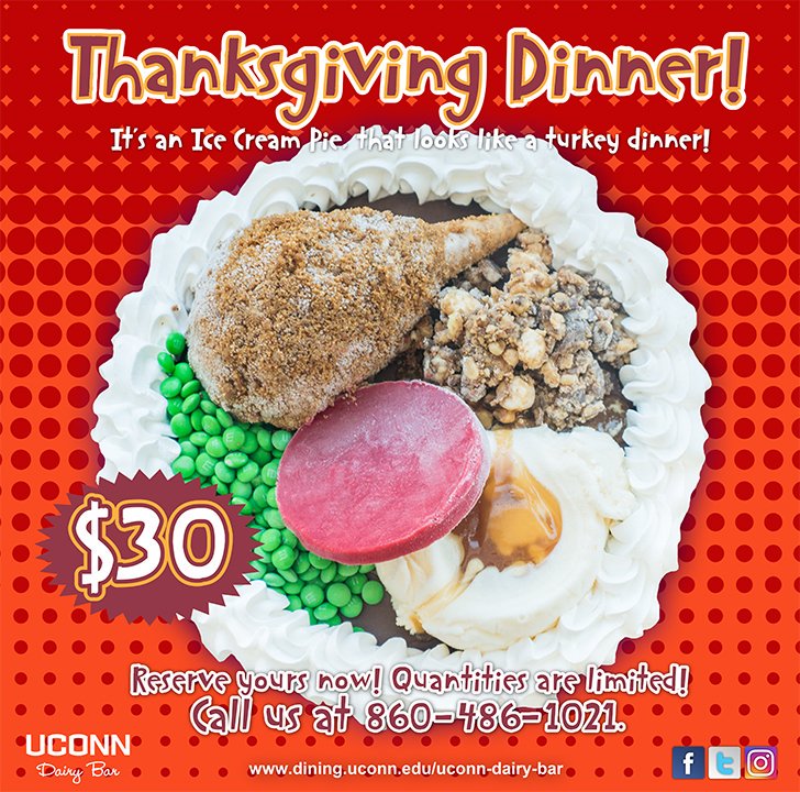UConnDairyBar's tweet photo. The Thanksgiving Dinner ice cream pie is back!!!

Quantities are limited. Reserve yours now by calling 860-486-1021. Pie flavor is vanilla ice cream. #UConnDairyBar #awardwinning #uconn #uconneats #uconnnation #cowtocone #CTicecream #icecream #cteats #visitct #newengland #ctfood https://t.co/qLvBHg2yD2