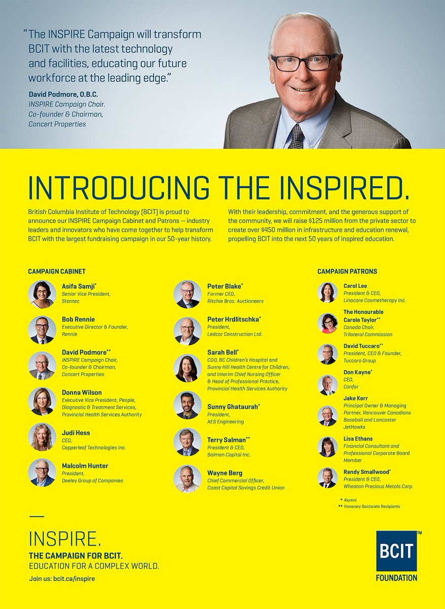Announcing the #INSPIRE Campaign Cabinet and Patrons, who will help transform <a href="/bcit/">British Columbia Institute of Technology (BCIT)</a> with the largest fundraising campaign in our history. Thank you! #wearebcit #supportingstudentsthroughphilanthropy