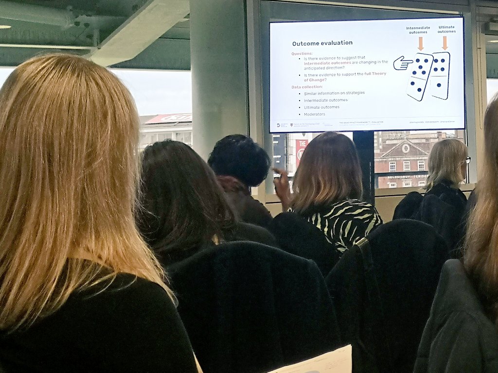 DartingtonSDL's tweet photo. "Outcome evaluation can be like a domino effect. When you start asking the right questions about your intermediate outcomes, it can build confidence that change may be observed in your ultimate outcomes" @deonsmpsn #IDEASFW2019 https://t.co/vARWdY7eqc