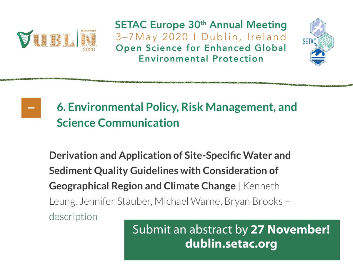 Kenny_MY_Leung's tweet photo. Dear Friends and Colleagues, @BryanWBrooks and I would like to cordially invite to join our session on water and sediment quality criteria at SETAC Ireland to be held during 3-7 May 2020. Pls submit your 2-page abstract on or before 27 Nov 2019.  🙏🙏🤟☘️🎻 https://t.co/qgHFz0cEI9