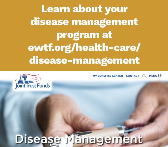 IBEW26TrustFund's tweet photo. With Local 26 IBEW-NECA Joint Trust Funds Disease Management Program, you are assigned a Registered Nurse who will work with you (by phone) and your doctor to ensure you get coordinated, cost-effective and high-quality care. Learn more at https://t.co/k6baR7G1x3. https://t.co/SlitEQKaGr