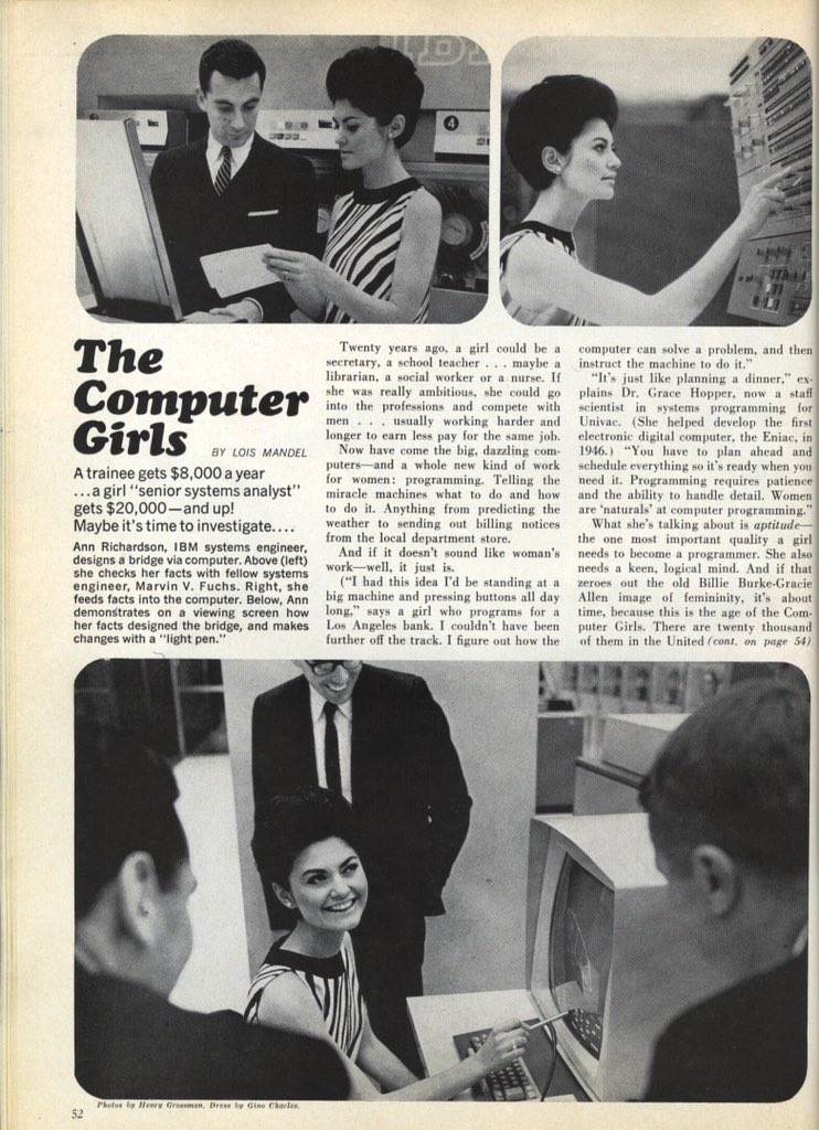 Discovered that back in 1967 when there were way more women in computing <a href="/Cosmopolitan/">Cosmopolitan</a> ran a feature called "The Computer Girls."

They should do this again 😀