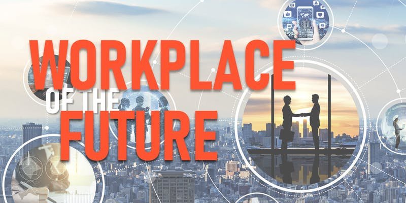 Workplace of the Future
Image: A cityscape at sunset with pop up windows of individuals working in various offices