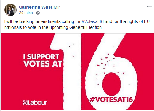CharlieFFS's tweet photo. Catherine West Labour MP wants under 18 Europeans to vote in the UK election https://t.co/tRkfY6Kft8