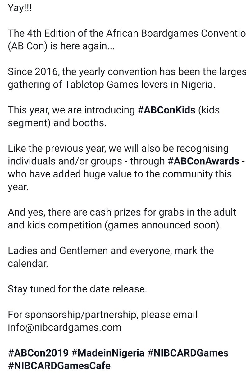nibcardgames's tweet photo. Yay!!!
The 4th Edition of the African Boardgames Convention (AB Con) is here again...
#ABCon2019 #MadeinNigeria #NIBCARDGames #NIBCARDGamesCafe
#ABConKids #ABConAwards https://t.co/KGgTiwo3QX