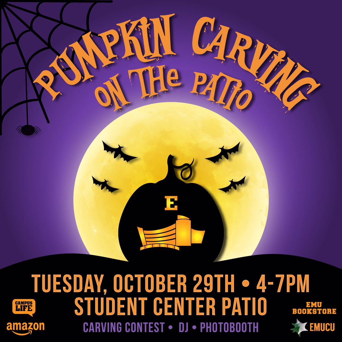 HAPPENING TODAY! 🎃

Come to the Student Center today for FREE pumpkin carving, a live DJ, photo-booth, giveaways &amp; more! 👻