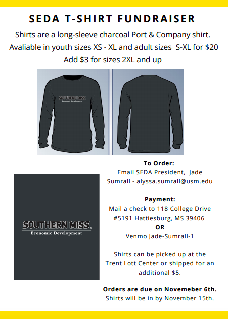 Check out the flyer to learn about buying a USM Economic Development T-Shirt and supporting the Student Economic Development Association!