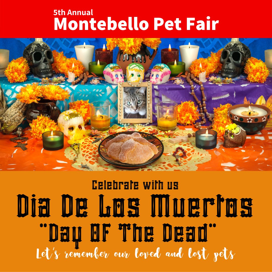 MTBPetFair's tweet photo. #MontebelloPetFair will fall on 11/2, the same day as #DiaDeLosMuertos (#DayOfTheDead).

We invite you to stop by our community altar near the stage and bring a photo or favorite memento of a beloved pet you have loved and lost. Let honor and remember them together!

#4DaysToGo https://t.co/WCPyy283gW