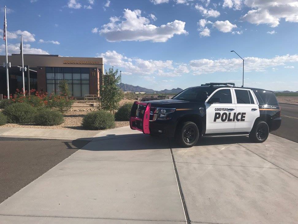 Goodyearpolice's tweet image. Goodyear Police Department was “tickled pink” to support #BreastCancerAwarenessMonth by sporting our #pinkpatch, shirts, decals and even one pink push bar on a patrol vehicle. Remember, #awareness is key and early detection saves lives! #pinkpatchproject
