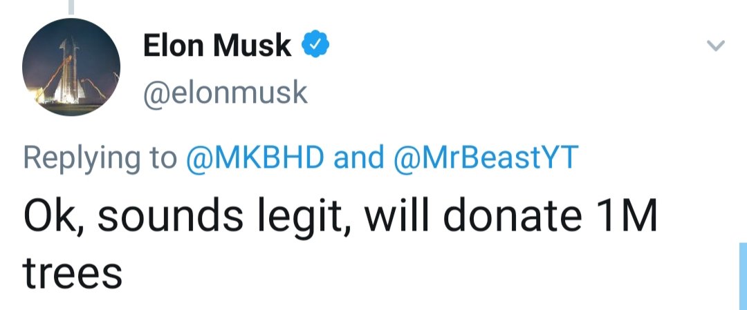 Elon Musk just agreed to donate 1 MILLION dollars for #TeamTrees 😱

It's a massive longshot, but here's hoping <a href="/BillGates/">Bill Gates</a> <a href="/sundarpichai/">Sundar Pichai</a> <a href="/satyanadella/">Satya Nadella</a> <a href="/tim_cook/">Tim Cook</a> might step up to the plate next 

This could be incredible.
