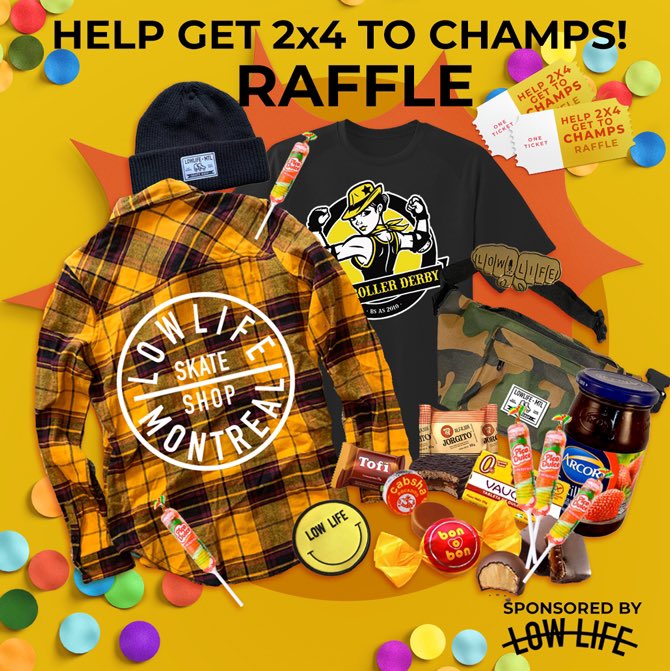 CHECK IT OUT #derbytwitter! <a href="/lowlifemtl/">lowlifemtl</a> is helping with ANOTHER raffle but this time to help our amigas <a href="/2x4RollerDerby/">2x4 Roller Derby</a> get to Champs here in Montreal! Help them out + get a chance to win some sweet swag and tasty treats!

Head over lowlifemtl.com to get your 🎟🎟 TODAY!