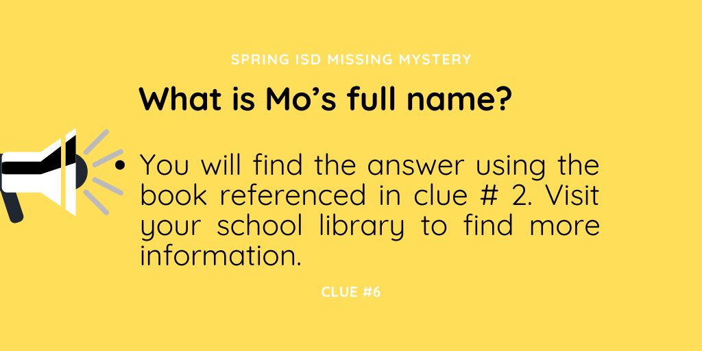 LibraryBailey's tweet image. Clue # 6:  Visit the library to find the answer.