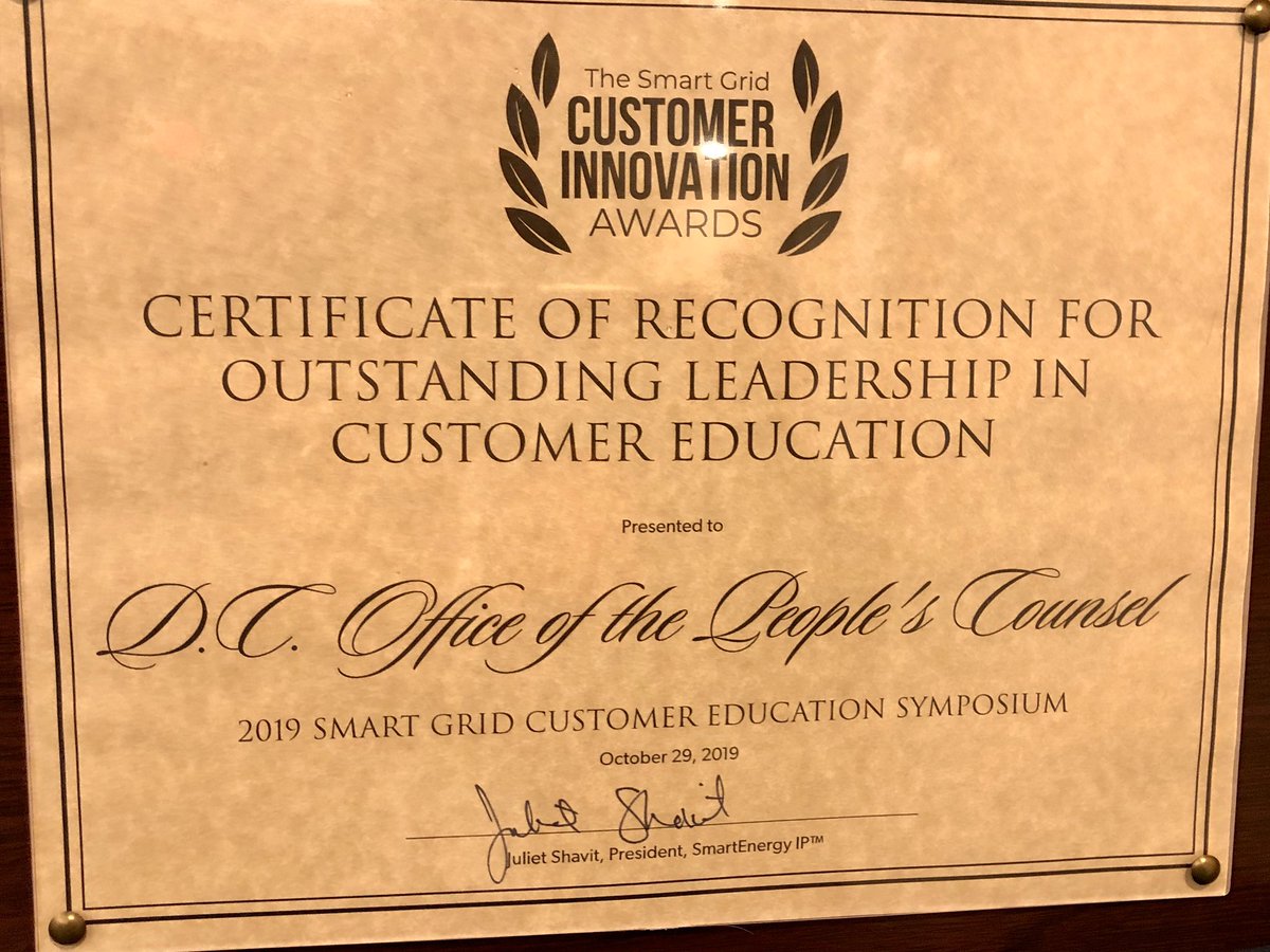 DCOPC's tweet image. And the winner is...@DCOPC recognized by @SmartEnergyIP for “fearless commitment to educate customers.” @ the Smart Grid Customer Education Symposium @DCOPC applauded for our new Energy Affordability Lab, an interactive tool to teach DC consumers home energy &amp;amp; money savings tips