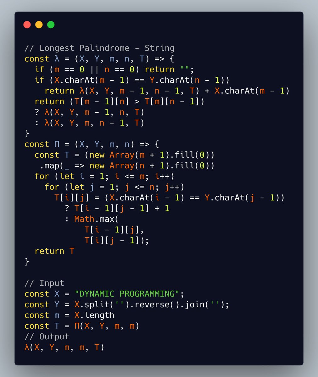DynamicProgram2's tweet image. String of Longest Palindrome #longestpalindrome #dynamicprogramming #javascript #technicalinterviews
