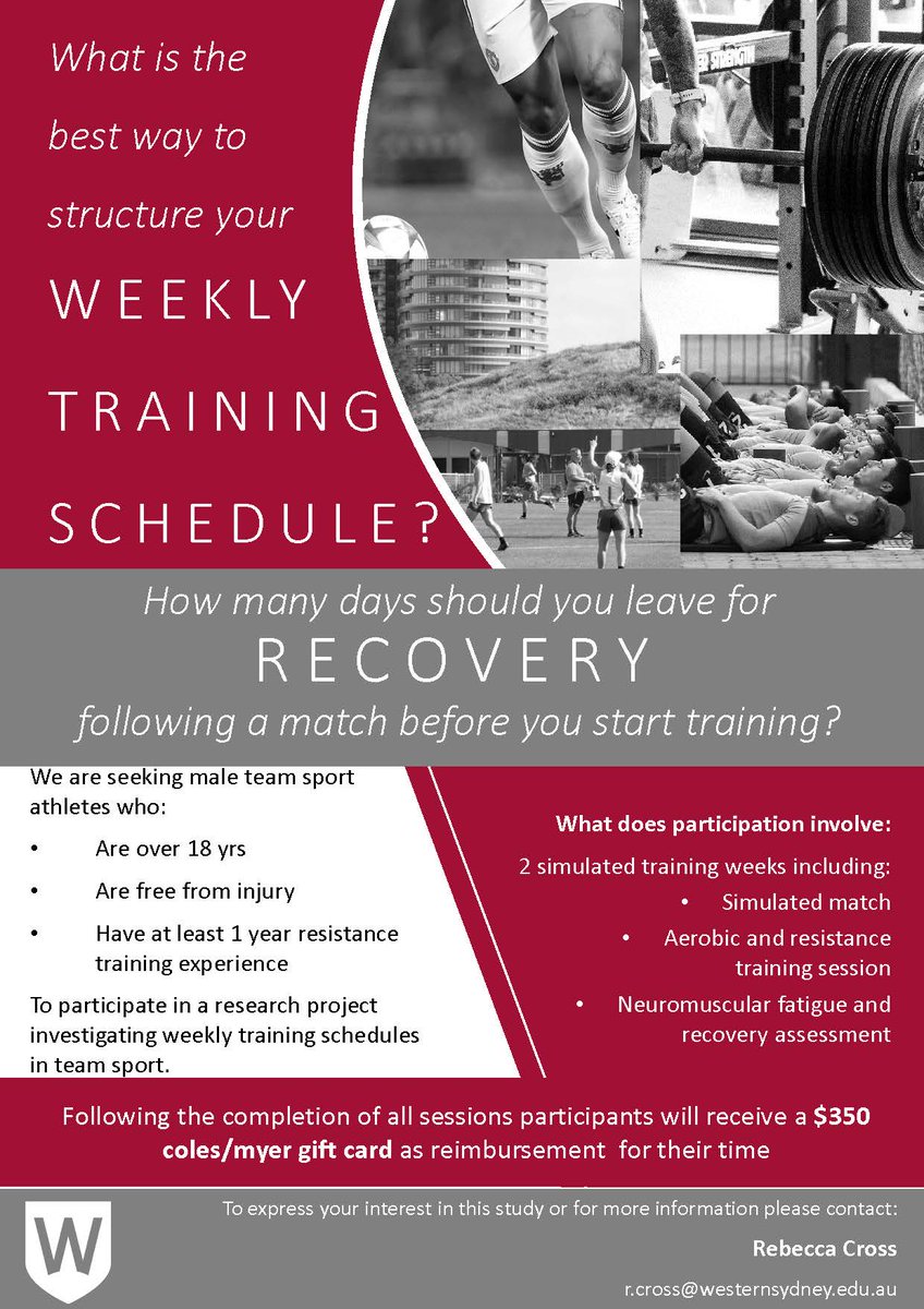 Looking for team-sports players for <a href="/RLCross_/">Rebecca Cross</a> study in our Campbelltown lab looking at weekly training scheduling, fatigue &amp; recovery.  Great way to stay fit and earn some💵during the 🇦🇺 off-season 🏉⚽️🏑