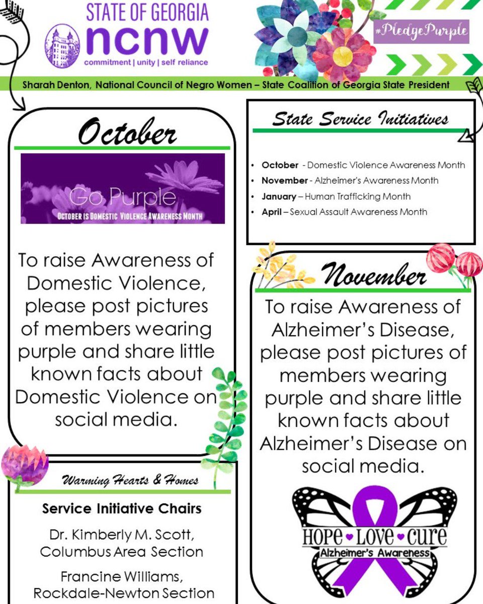 ncnwatl's tweet photo. Join the State of Georgia NCNW as we spread awareness and advocacy on several important initiatives, including: Domestic Violence, Human Trafficking and Alzheimers Awareness 💜💜💜 #NCNW #NCNWGA #MovingGeorgiaForward #Service #Advocacy https://t.co/4gX5vnoeyL
