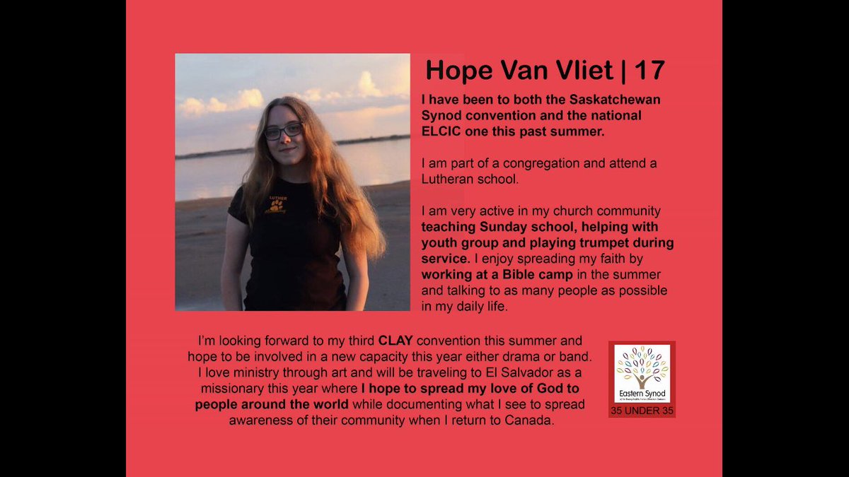 ElcicYoungAdult's tweet photo. YA #57 is Hope from Saskatchewan Synod! @BishopSidH 

“I hope to spread my love of God to people around the world”
Hope has attended Saskatchewan and ELCIC synod conventions &amp; helps at church in a variety of ways including bible camp and CLAY!

#35Under35 #myELCIC #rftfuture https://t.co/IkXhVJdwki