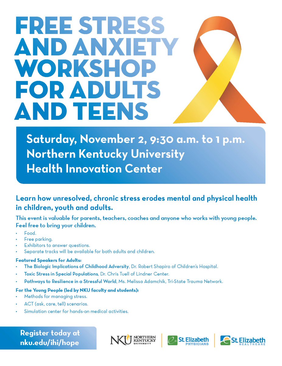 nkyhealth's tweet photo. NKU is hosting a free Stress and Anxiety Workshop for Adults and Teens on Saturday, November 2, 9:30 a.m. - 1 p.m.  Please feel free to bring your children.  Register today at https://t.co/N96RZteEkJ. https://t.co/L3srOC6yH9