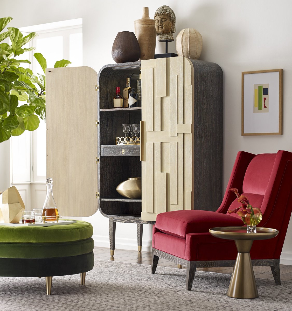 Kravet's tweet photo. Among the many incredibly detailed introductions is the eye-catching Frank Cabinet. Designed as an anchor to a room, it functions beautifully as a bar cabinet or storage. https://t.co/dfwRwEfOBI #MBxKK #MichaelBerman #InstaKravet https://t.co/ZR00WZvUcC