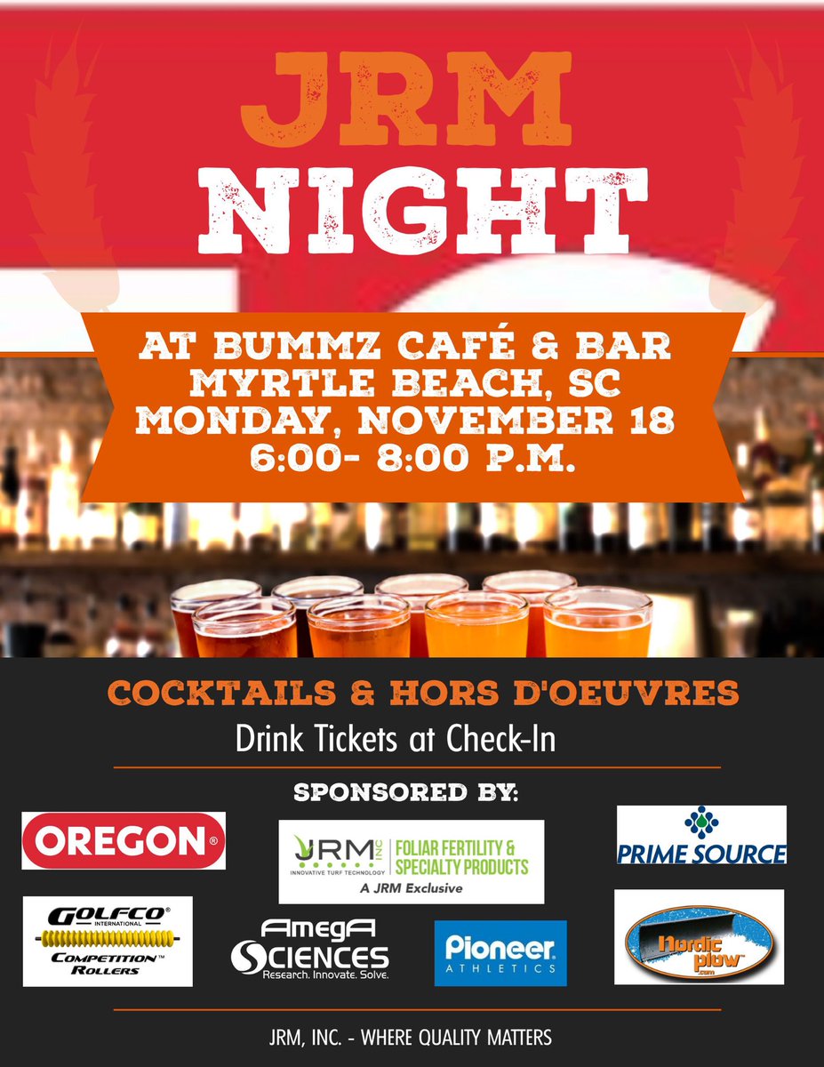 JRMTurfProducts's tweet photo. RSVP to Bummz Customer Appreciation Night!!! We are looking forward seeing our awesome customers!!! ⛱🏈🍺
{3 EASY OPTIONS TO RSVP}
• Text or Call-Local Sales Rep
• Email sales@jrmonline.com
• Call 888.576.7007
•
•
#CarolinasShow2019 #BummzNight #MondayNite #MyrtleBeach https://t.co/w8trPm92nl