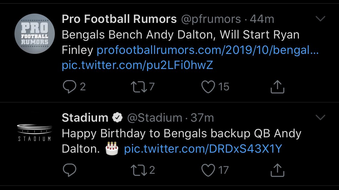 Bengals: Happy birthday, Andy. 

Dalton: Thanks! Bengals: Also, grab some pine. Probably. 