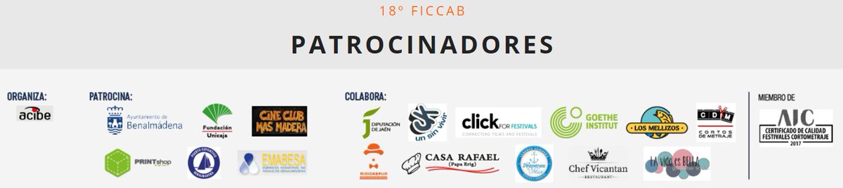 Especialmente orgullosos de colaborar con el 18º <a href="/_ficcab/">ficcab</a> de #Benalmádena
Atentos, que próximamente tendremos novedades... 😁💪🏻🙌🏻🎬
<a href="/BenalmadenaAyto/">Ayuntamiento de Benalmádena</a> <a href="/FundUnicaja/">Fundación Unicaja</a> <a href="/Printshop_Ideas/">Print Shop Digital</a> 
<a href="/pdbenalmadena/">Puerto Deportivo de Benalmádena</a> <a href="/emabesa/">Emabesa</a> <a href="/dipujaen/">Diputación de Jaén</a> <a href="/click4festivals/">Click for festivals</a> <a href="/MellizosGrupo/">Los Mellizos</a> <a href="/minichaplin/">minichaplin</a> @GI_worldwide