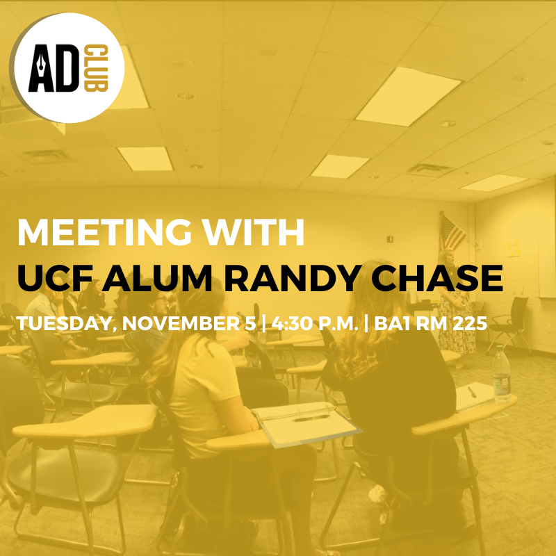 adclubucf's tweet photo. Big reveal! Next Tues. @ 4:30 p.m. in BA1 225, we're welcoming our guest speaker, ⭐ Randy Chase. From brand marketing Orlando attractions to partnering with EA, Randy is packed with info about entertainment and sports. Go sign up today!

RSVP: https://t.co/nSjaTVhpGt
#AdClubUCF https://t.co/xd5yKpsQKb