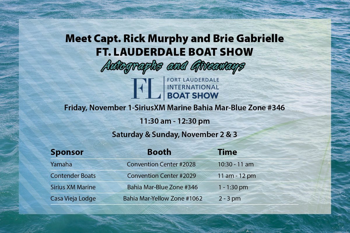 Pencil us in ✏️ for the <a href="/flibsofficial/">FLIBS</a> starting tomorrow ! @captrickmurphy &amp; I will be signing autographs all this week. Screenshot our schedule &amp; come say hello! S E A you all there 👋⚓🛥️. <a href="/SIRIUSXM/">SiriusXM</a> <a href="/CasaViejaLodge/">Casa Vieja Lodge</a> @contenderboats <a href="/YamahaOutboards/">Yamaha Outboards</a>