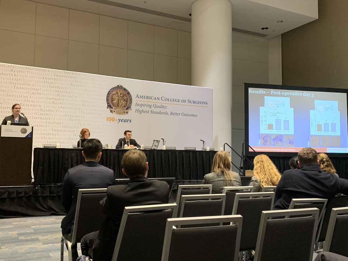 Alex Halevi, @NYPQueens surgery resident, giving her podium presentation at #acscc2019 on neuro-enhancing effects of electrical stimulation.