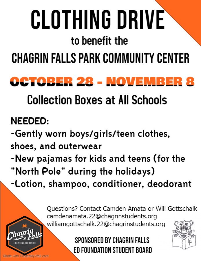 CFEF Student Board (@cfefsb) on Twitter photo Donāt forget that the Chagrin Falls Ed Foundation Student Boardās annual clothing drive is currently going on until November 8th! Come support your community with collection boxes at all schools. #cfevsHOME <a href="/Chagrin_Schools/">Chagrin Schools</a> Donāt forget that the Chagrin Falls Ed Foundation Student Boardās annual clothing drive is currently going on until November 8th! Come support your community with collection boxes at all schools. #cfevsHOME <a href="/Chagrin_Schools/">Chagrin Schools</a>