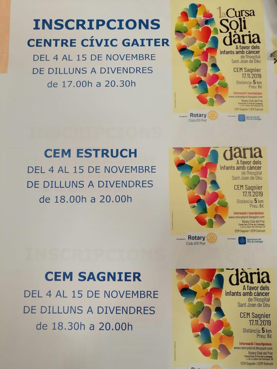 1a Cursa Solidaria a favor dels infants amb cancer infantil.
Diumenge 17 de novembre organitzada per <a href="/RotaryElPrat/">Rotary d'El Prat</a> en col·laboració del <a href="/ajelprat/">Ajuntament del Prat</a> <a href="/ElPratEsports/">El Prat Esports</a> Obertes les inscripcions.