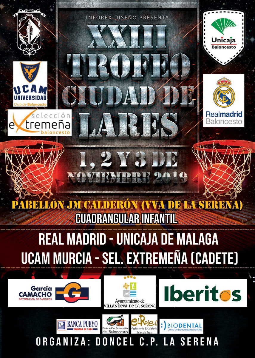 doncelcp's tweet photo. 🏀XXIII Trofeo Ciudad de Lares🏀
¡Nos quedan 3 dias para disfrutar del baloncesto a lo grande! VILLANUEVA DE LA SERENA
Con los equipos Infantiles de @unicajaCB @RMBaloncesto @UCAMMurcia y la selección @FExB cadete
@BancaPueyo @elrodeorestaura
#BiodentalCentro
#XXIIITorneoLares https://t.co/IFpef8S1d8
