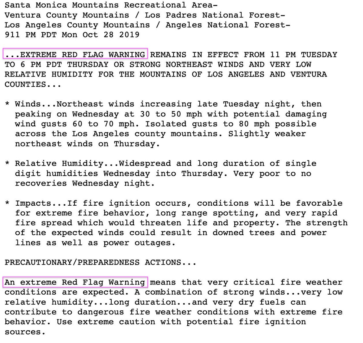 The first-ever "extreme red flag warning."

Similar circumstances brought about the first-ever “tornado emergency”... in 1999. With a mile-wide tornado bearing down on the city, forecasters knew an ordinary tornado warning might not cut it. #California 

washingtonpost.com/weather/2019/1…