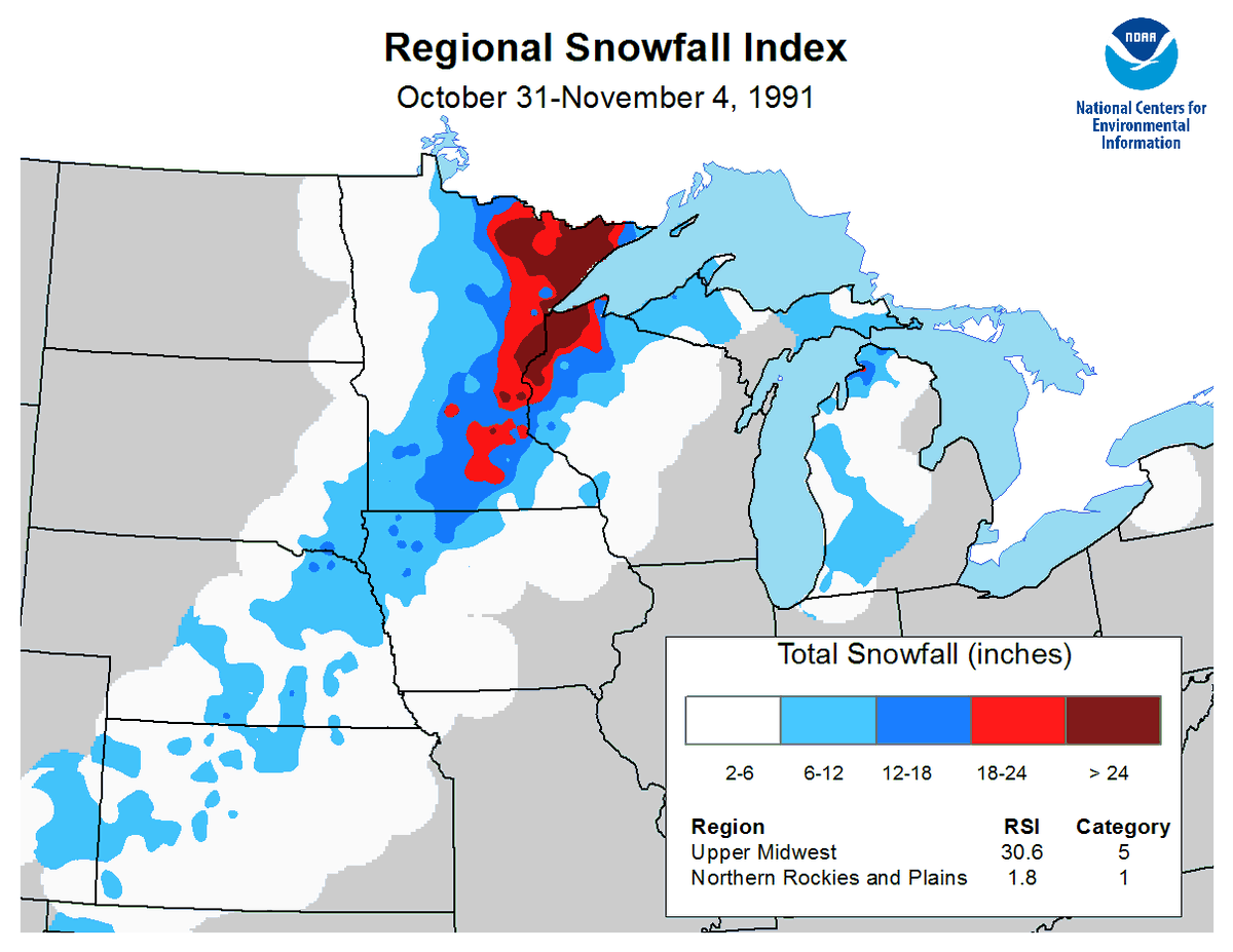 The Halloween Blizzard began #OnThisDate in 1991, and lasted up to 3 days. Snowfall through the period accumulated as much as 37” at Duluth, MN, and 28” at Minneapolis. ncei.noaa.gov/news/halloween… #NWS150