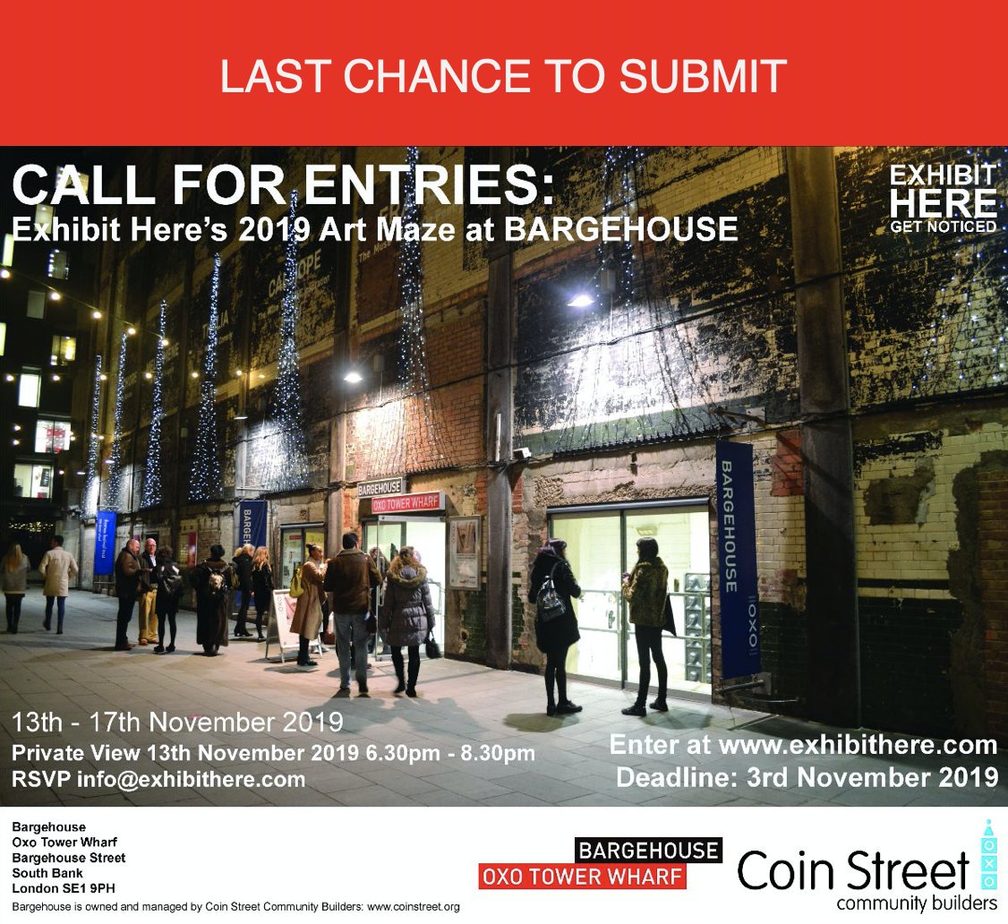 Exhibit Here’s Art Maze at #Bargehouse <a href="/OxoTowerWharf/">Oxo Tower Wharf</a> is shaping up to be an epic exhibition, with over 400 entries received, this is now your last chance to submit your work and grab one of the last few spaces before the curtains come down on 3 Nov 2019!

exhibithere.com/opportunities/…